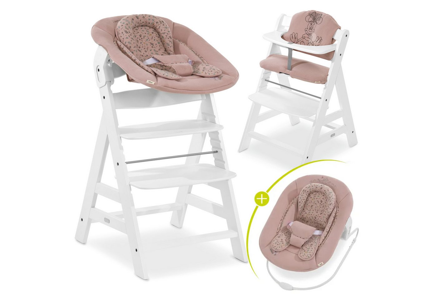 Hauck Hochstuhl Hauck Alpha Plus White Newborn Set Disney (Set), Holz Babystuhl ab Geburt inkl. Aufsatz für Neugeborene & Sitzauflage von Hauck