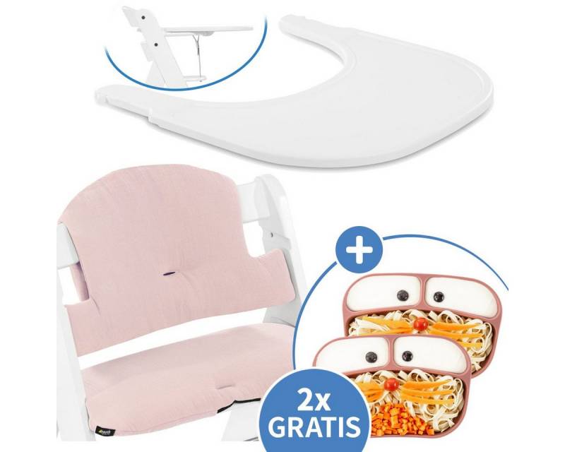 Hauck Hochstuhltablett White Muslin Rose, Kunststoff, Essbrett-Set für Alpha Plus - Click Tray, Sitzkissen & Silikon-Teller von Hauck