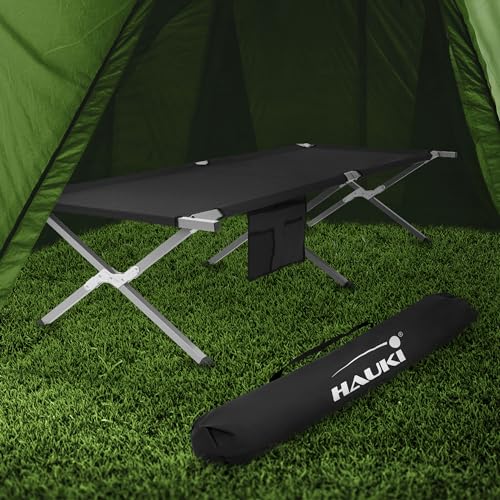 Hauki Campingbett klappbar, Schwarz, 210x83x46 cm, XL Feldbett mit Tragetasche, Seitentasche, Metallrohr, Belastbarkeit bis 150kg, Gästebett tragbar, Outdoor, Campingliege stabil, Klappbett für Reisen von Hauki