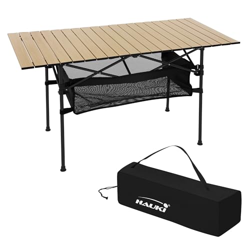 Hauki Campingtisch faltbar Beige, 118 x 55 x 64,5 cm, Aluminium Klapptisch, Aufrollbare Tischplatte, Falttisch klappbar, Gartentisch Balkontisch Reisetisch Rolltisch Markttisch inkl. Tragetasche von Hauki