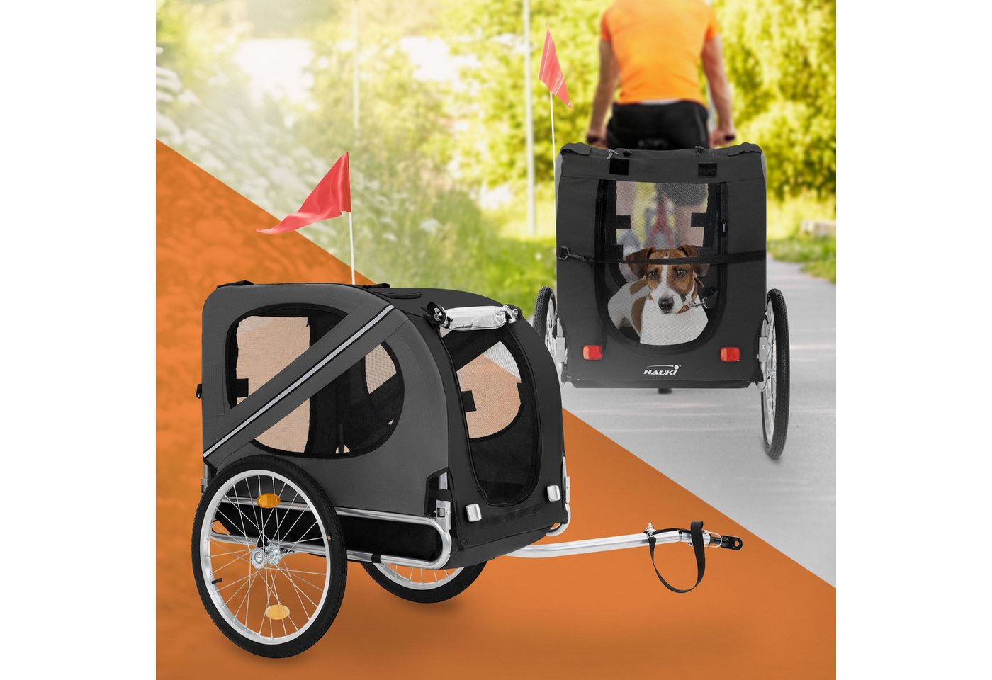 Hauki Fahrradhundeanhänger Fahrradanhänger & Hundebuggy 2in1 klappbar, Hundewagen 130x72x90 cm Schwarz mit Reflektoren Leine und Flagge bis 4 von Hauki