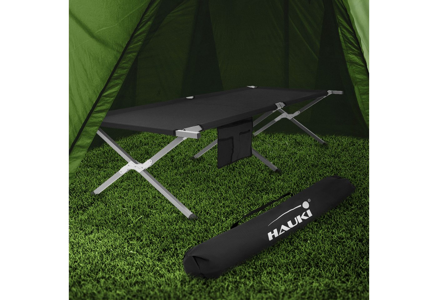 Hauki Feldbett Campingbett klappbar mit Tragetasche Belastbarkeit bis 150 kg Gästebett 210x83x46 cm Schwarz XL Klappbett für Reisen Metallrohr von Hauki