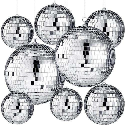 Haull 8-teiliges großes Discokugel-Set, silberfarben, spiegelnd, Discokugeln, reflektierende Kugel mit Ring zum Aufhängen, Party-Ornament, Dekoration für Bühne, Club, Ballsaal, Tanzsaal, Hochzeit, von Haull