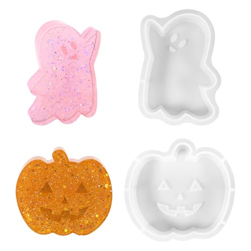 2 Stück Silikonform Herbst, Silikonformen Gießformen Silikonform Halloween Kürbis Geist 10cm/4inch und 8.2cm/3.23inch Wiederverwendbar Epoxidharz Gießformen für Herbst Deko Kerzenhalter DIY Basteln​​ von Hauojaus