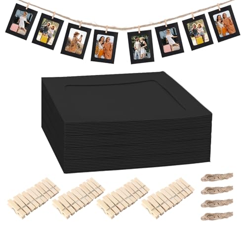 30 Stück Papier Bilderrahmen Fotogirlande Set, 11.5x15.5 cm/6.1x4.53 Inch Fotowand Dekor DIY Karton Bilderrahmen mit 3 Hanfseil Und 30 Holzklammern für DIY Wanddekor Geburtstag Hochzeit (Schwarz) von Hauojaus