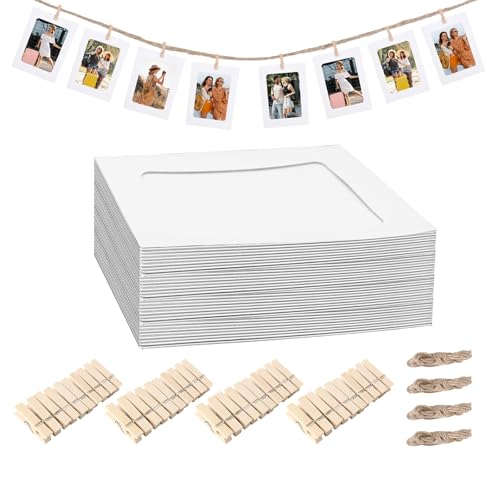 30 Stück Papier Bilderrahmen Fotogirlande Set, 11.5x15.5 cm/6.1x4.53 Inch Fotowand Dekor DIY Karton Bilderrahmen mit 3 Hanfseil Und 30 Holzklammern für DIY Wanddekor Geburtstag Hochzeit (Weiß) von Hauojaus