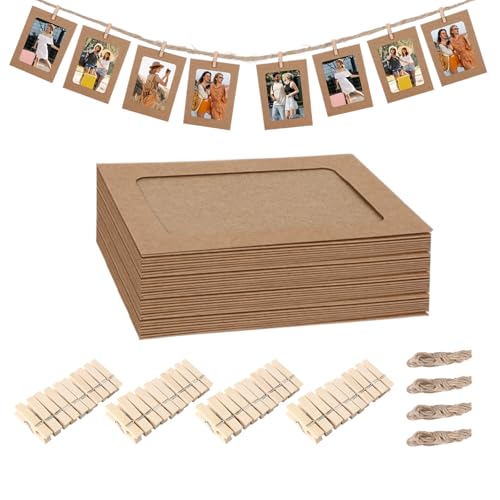 30 Stück Papier Bilderrahmen Fotowand Dekor, Fotogirlande Set 11.5x15.5 cm/6.1x4.53 Inch mit 3 Hanfseil Und 30 Holzklammern, Fotorahmen aus Pappe für DIY Deko Partyzimmer Home Decor (Lederfarben) von Hauojaus