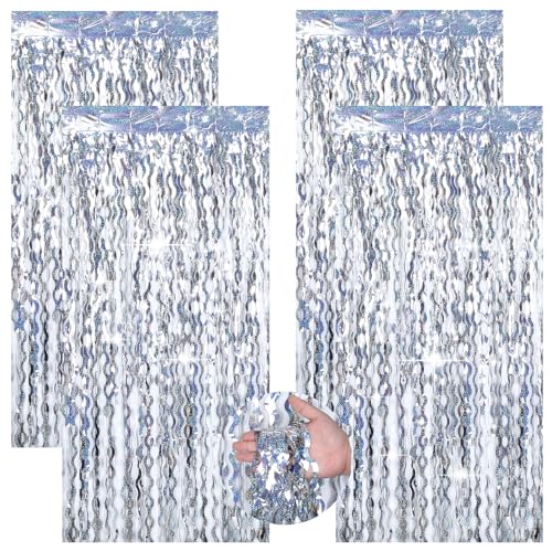 4 Stück Lametta Vorhang Glitzervorhang Plastik Glitzervorhang Silber, Party Deko Wiederverwendbarer Tinselvorhang Folienfransen Vorhang für Geburtstagsfeier Hochzeitsfoto Hintergrund Party（1x2m） von Hauojaus
