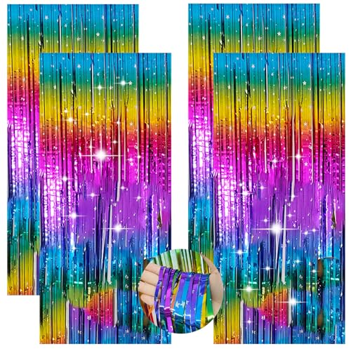 Hauojaus 4 Stück Lametta Vorhang 1x2m Glitzervorhang, Glitzervorhang Geburtstagsdeko Bunt mit Sterndesign, Party Deko Geburtstag Wiederverwendbarer Tinselvorhang für Geburtstagsfeier Hochzeitsfoto von Hauojaus
