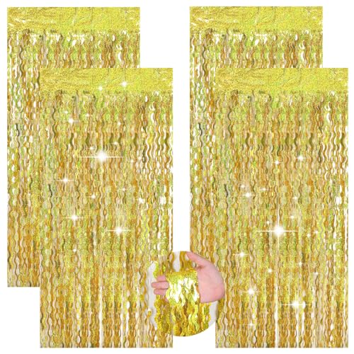 Hauojaus 4 Stück Lametta Vorhang Glitzervorhang, 1x2m Glitzervorhang Gold Folienfransen Vorhang, Party Deko Wiederverwendbarer Tinselvorhang für Geburtstagsfeier Hochzeitsfoto Hintergrund Disco Party von Hauojaus