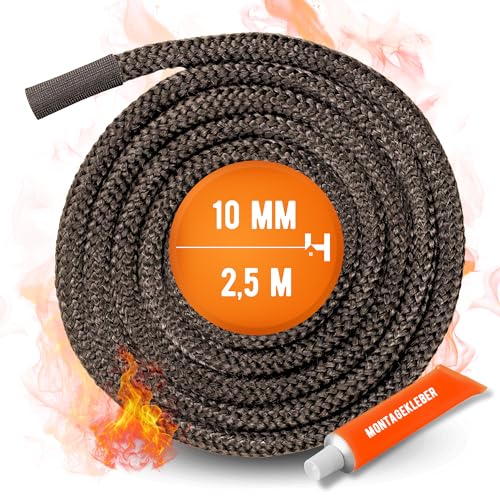 Ofendichtschnur | 2,5 m Länge | Ø 10 mm | Dichtung für Kamin-, Ofen- & Heizkesseltüren | Set inkl. Hochtemperaturkleber & Verbindungsmanschette | Schornstein-Abdichtung Reparaturset von Haus-Held