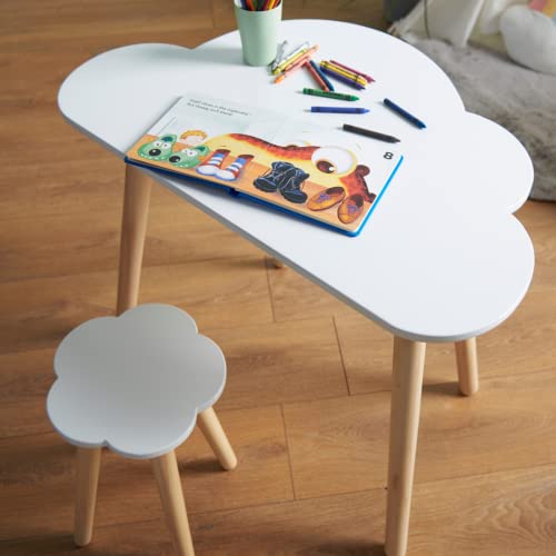 Haus Projekt Cloud Desk, Kinder Schreibtisch-Set mit Tisch und Stuhl (4-8 Jahre), Kindertisch-Hocker-Kombination in himmlischem Wolken-Design, Holz Kinderschreibtisch und -Hocker von Haus Projekt