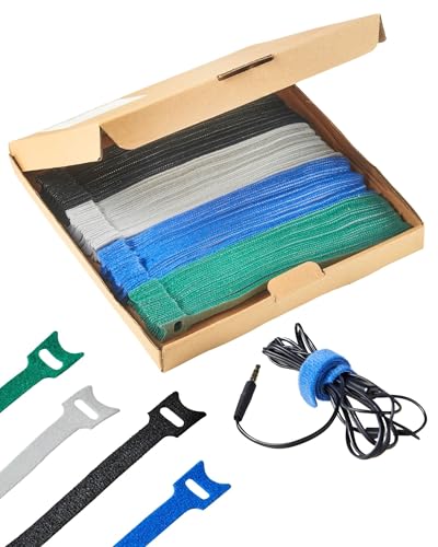 Haus Projekt Wiederverwendbare Klettverschluss Kabelbinder 100 Packung, 150 mm x 12 mm, x25 Schwarz, Blau, Grün und Grau, verstellbare Mehrzweck Kabelmanagement, Cable Strap Multi 150x12mm 100pcs von Haus Projekt