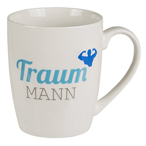 Haus und Deko Kaffeetasse Tasse mit Henkel Porzellan-Becher Bone Weiß mit Aufdruck Traummann in Blau von Haus und Deko