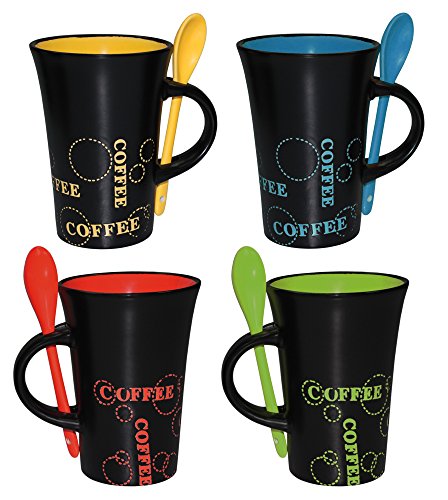 Haus und Deko Keramik Kaffeebecher & Löffel im 4er Set XL Kaffeetassen schwarz bunt Tasse Becher, 380 milliliters von Haus und Deko