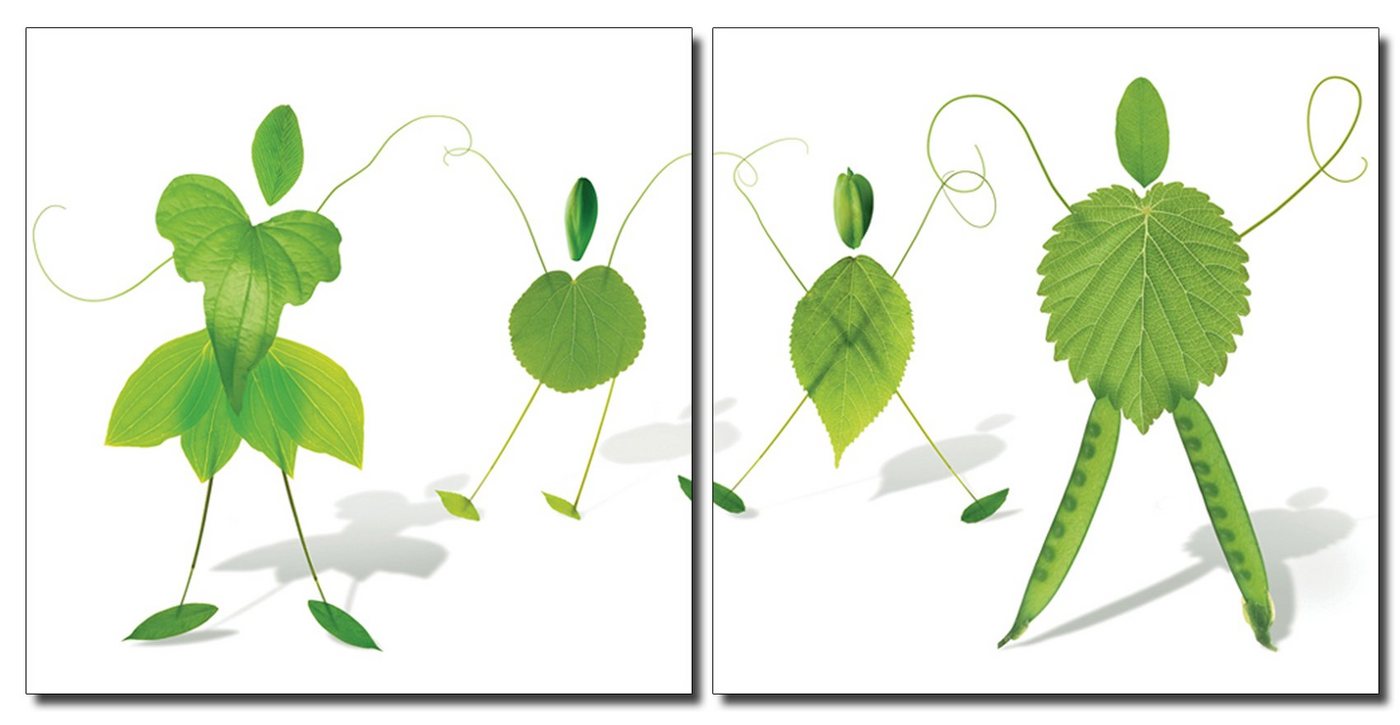 Haus und Deko Wandbild Bild 2er Set grüne Blätter Männchen Familie Holzfaserplatte Kunstdruck, Blätterfamilie (2 St) von Haus und Deko