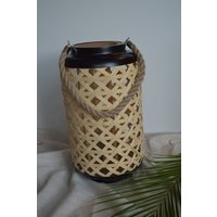 Laterne Holz Bambus Lampe Boho Rattan Deko Kerzenständer Kerzenhalter Lampenschirm Vintage Windlicht Terrasse Balkon Dekoration Retro von HausGartenDeko