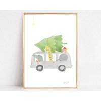 Weihnachten Geschenk, Kinderzimmmer, Kinderzimmerposter, Tiere Aquarell Poster"Driving Home For Christmas" von HausNr26