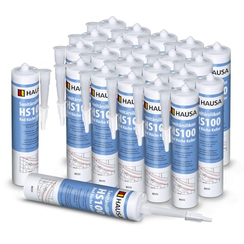 HAUSA Sanitär-Silikon HS100 weiß 24x 310ml hochelastische Fugendichtmasse für Bad Dusche Küche schimmelresistenter wasserdichter Acetat Silikon-Dichtstoff in Kartusche zum Abdichten Verfugen von Hausa