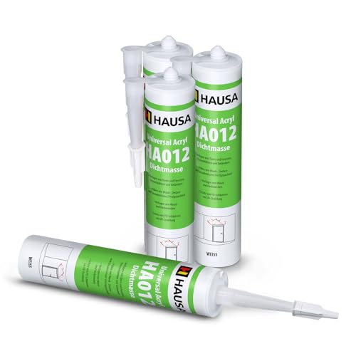 HAUSA Maler-Acryl 4x 310ml elastische Acryl-Dichtmasse HA012 für Fugen im Innen & Außen Bauacryl zum Verfugen von Türen Fenstern Fensterblättern, Füllen von Wand- Decken- Fassadenrissen, weiß von Hausa