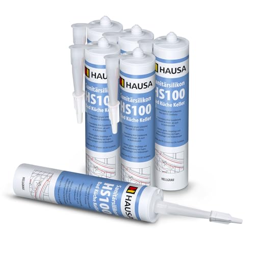 HAUSA Sanitär-Silikon HS100 Hellgrau 6x 310ml hochelastische Fugendichtmasse für Bad Dusche Küche schimmelresistenter wasserdichter Acetat Silikon-Dichtstoff in Kartusche zum Abdichten Verfugen von Hausa