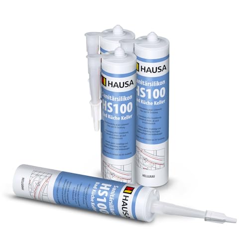 HAUSA Sanitär-Silikon HS100 hellgrau 4x 310ml hochelastische Fugendichtmasse für Bad Dusche Küche schimmelresistenter wasserdichter Acetat Silikon-Dichtstoff in Kartusche zum Abdichten Verfugen von Hausa