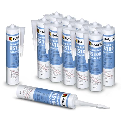 HAUSA Sanitär-Silikon HS100 weiß 12x 310ml hochelastische Fugendichtmasse für Bad Dusche Küche schimmelresistenter wasserdichter Acetat Silikon-Dichtstoff in Kartusche zum Abdichten Verfugen von Hausa
