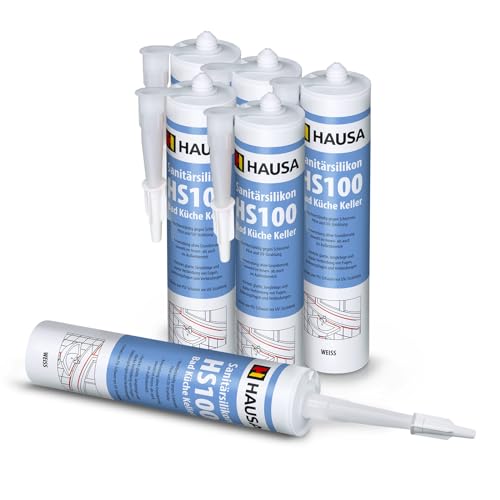 HAUSA Sanitär-Silikon HS100 weiß 6x 310ml hochelastische Fugendichtmasse für Bad Dusche Küche schimmelresistenter wasserdichter Acetat Silikon-Dichtstoff in Kartusche zum Abdichten Verfugen von Hausa