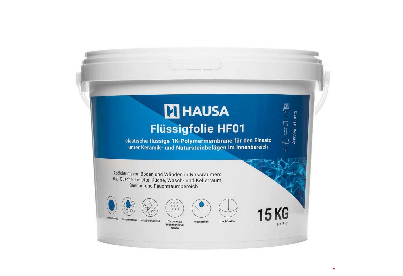 Hausa Dichtstoff Flüssigfolie HF01, Dichtfolie für Bad Dusche Küche 15kg, Eimer, (bis 15m² blau Badabdichtung, absolut wasserdicht lösemittelfrei Dichtmasse), Duschabdichtung elastische Abdichtung unter Fliesen von Hausa