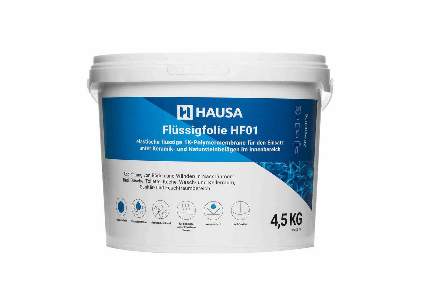 Hausa Dichtstoff Flüssigfolie HF01, Dichtfolie für Bad Dusche Küche 4,5kg, Eimer, (bis 4,5m² blau Badabdichtung, absolut wasserdicht lösemittelfrei Dichtmasse), Duschabdichtung elastische Abdichtung unter Fliesen von Hausa