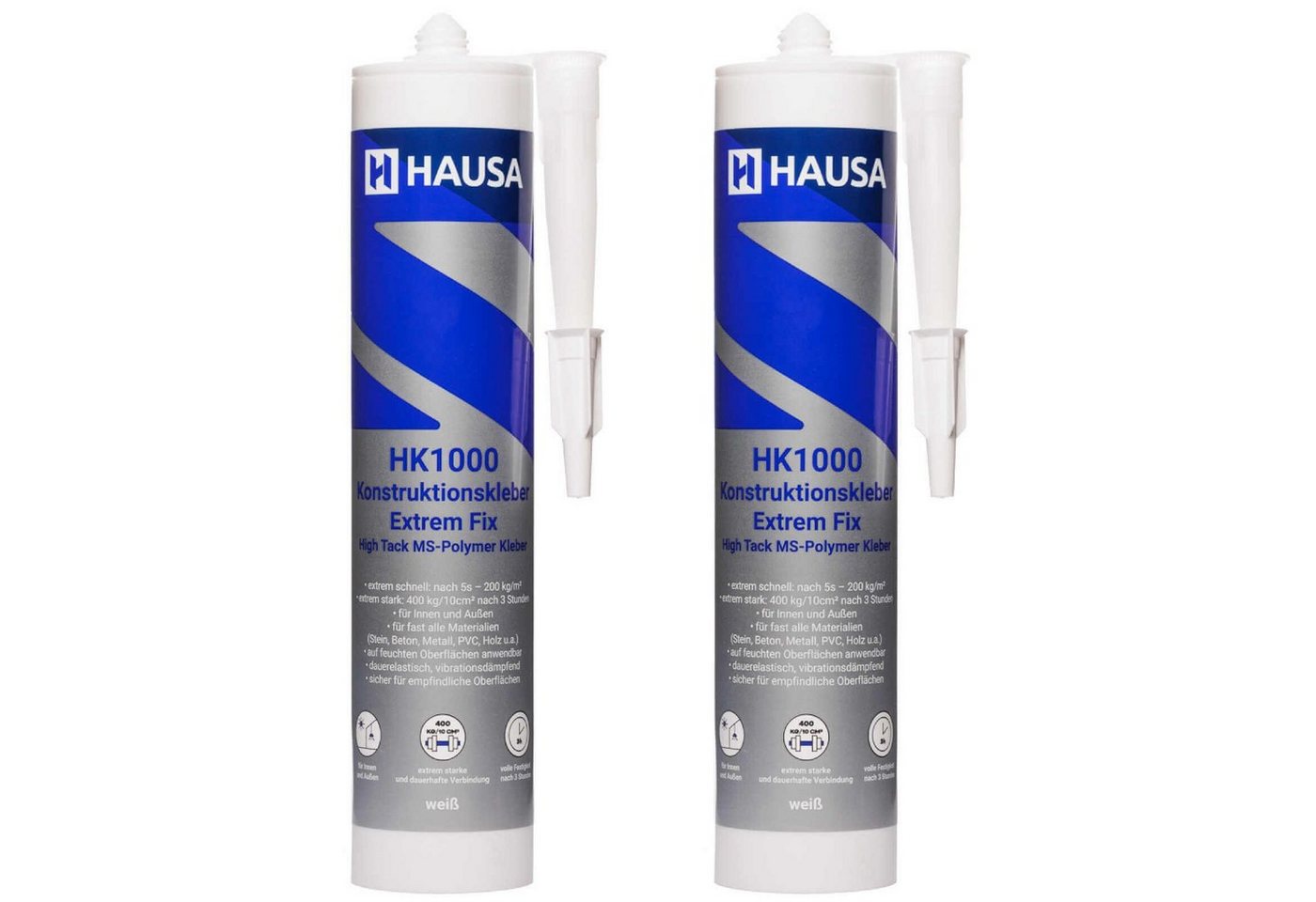 Hausa Klebstoff Konstruktionskleber HK1000, (Innen & Außen Baukleber Alleskleber Spiegelkleber Steinkleber, 2-tlg), High Tack Polymer Montagekleber volle Festigkeit von Hausa