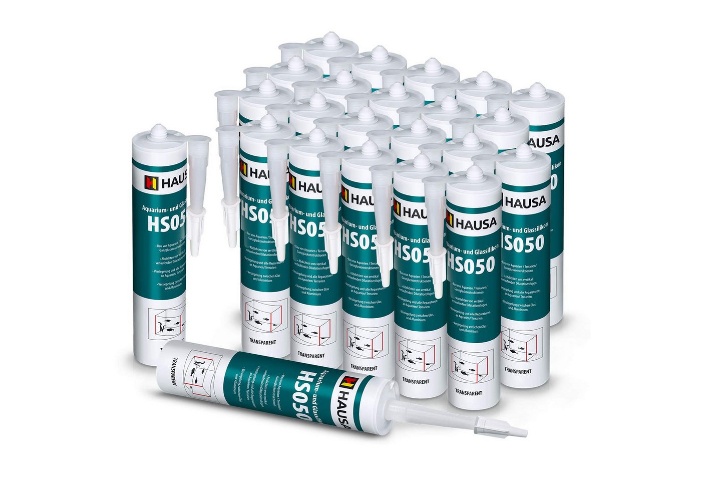 Hausa Silikon HS050, Profi Silikon Kleb- und Dichtstoff für Aquarien und Glaskonstruktionen, Kartusche 310 ml, (Starke Haftung, 24-tlg., Schnelltrocknend), Süß- und Meerwasserbeständig Hohe Elastizität von Hausa