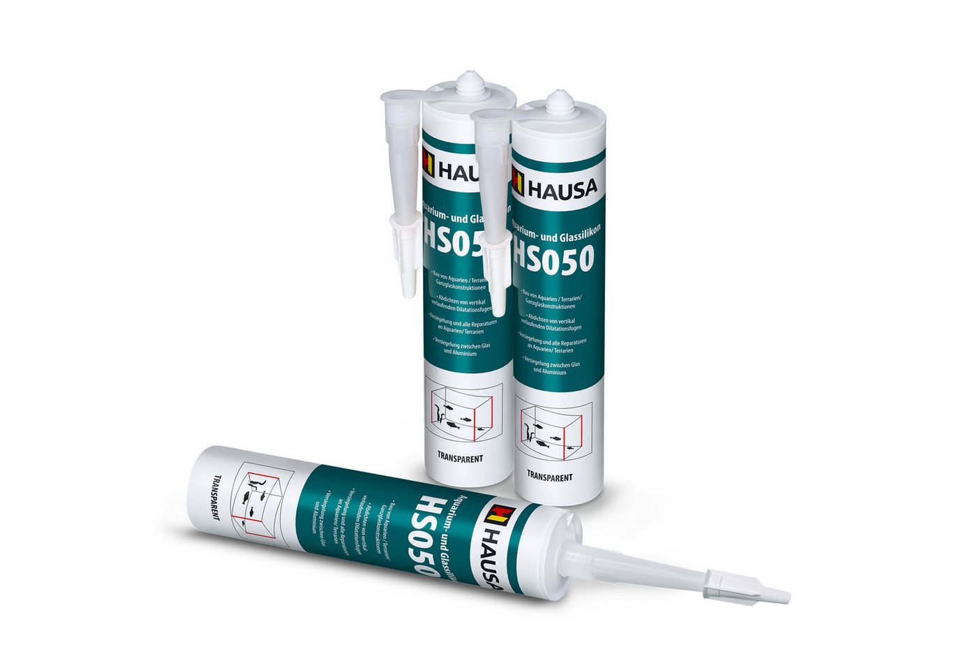 Hausa Silikon HS050, Profi Silikon Kleb- und Dichtstoff für Aquarien und Glaskonstruktionen, Kartusche 310 ml, (Starke Haftung, 3-tlg., Schnelltrocknend), Süß- und Meerwasserbeständig Hohe Elastizität von Hausa