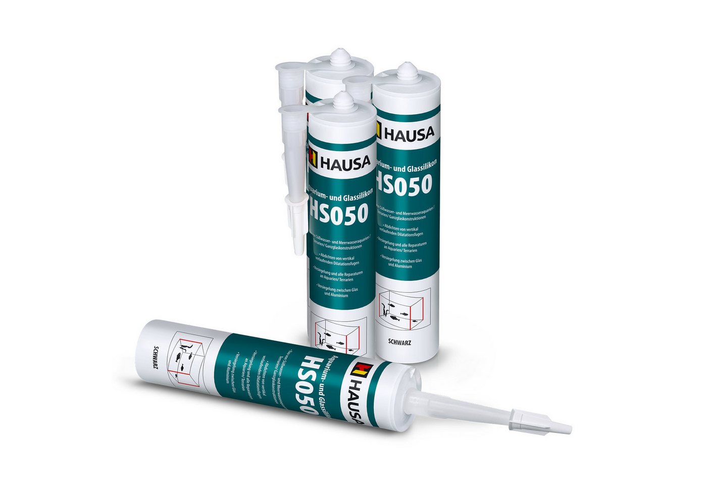 Hausa Silikon HS050, Profi Silikon Kleb- und Dichtstoff für Aquarien und Glaskonstruktionen, Kartusche 310 ml, (Starke Haftung, 4-tlg., Schnelltrocknend), Süß- und Meerwasserbeständig Hohe Elastizität von Hausa