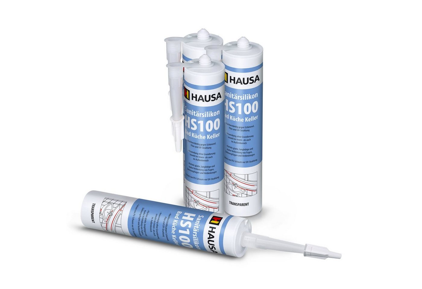 Hausa Silikon Dichtmasse Fuge, Sanitär Silikon HS100, Kartusche 310 ml, (schimmelresistent, 4-tlg., Verfugen Bad Dusche Küche acetatvernetzend), antischimmel Sanitär Silikon zum Abdichten von Hausa