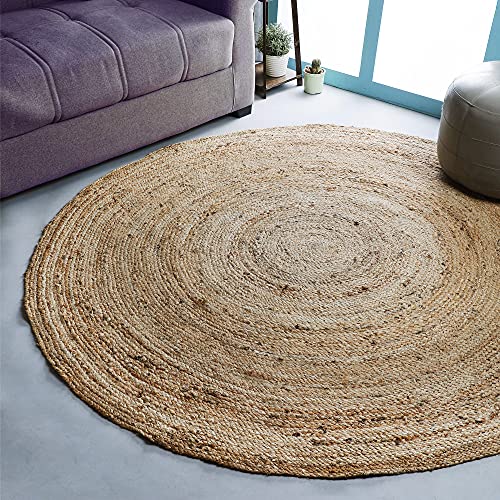 Hausattire Handgewebter Jute-Geflochtener Teppich, 122 cm, rund, natürlich, wendbar, Boho-Eingangsbereich, Teppiche für Küche, Wohnzimmer, Bauernhaus, dekorativer Bodenteppich, 1,2 m rund von Hausattire