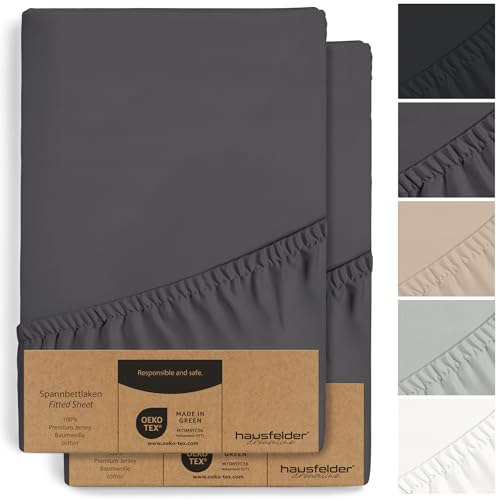 Hausfelder 2er Set Spannbettlaken Boxspringbett 90x200cm bis 100x200cm - bis 40cm Steghöhe, 100% Baumwolle Bettlaken 90 x 200 cm bis 100 x 200 cm, Spannbetttuch Anthrazit von Hausfelder