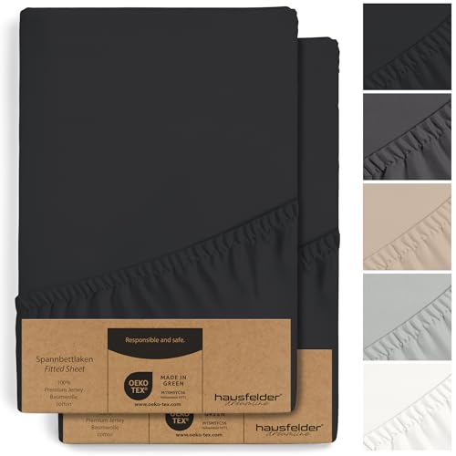 Hausfelder 2er Set Spannbettlaken Boxspringbett 90x200cm bis 100x200cm - bis 40cm Steghöhe, 100% Baumwolle Bettlaken 90 x 200 cm bis 100 x 200 cm, Spannbetttuch Schwarz von Hausfelder