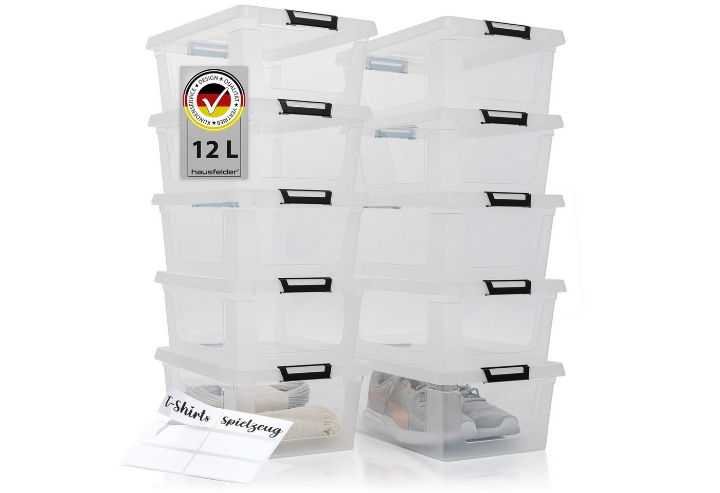 Hausfelder Aufbewahrungsbox Ordnungsboxen mit Deckel und Verschlussclips,12 l, 10 Stück,10 x 12 l (10er Set, 10 St., 10 Boxen + 10 Deckel), stapelbar, mit Klickverschluss, in drei Größen erhältlich von Hausfelder