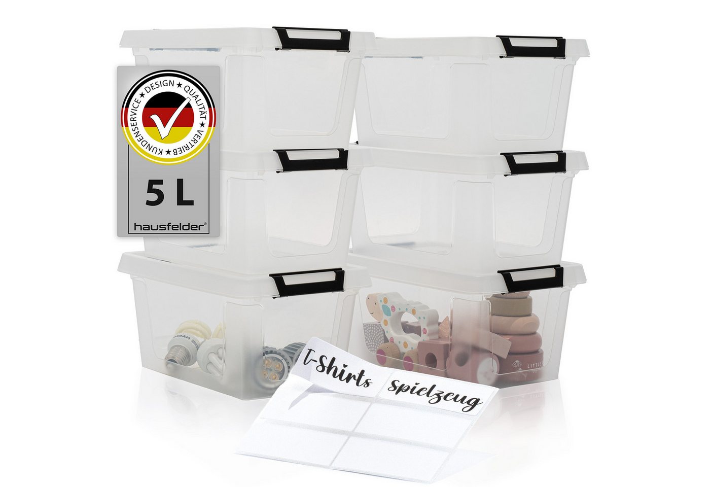 Hausfelder Aufbewahrungsbox Ordnungsboxen mit Deckel und Verschlussclips 5 l, 6 Stück, 6x5L (Set, 6 St., 6 Boxen + 6 Deckel), stapelbar, mit Klickverschluss, in drei Größen erhältlich von Hausfelder