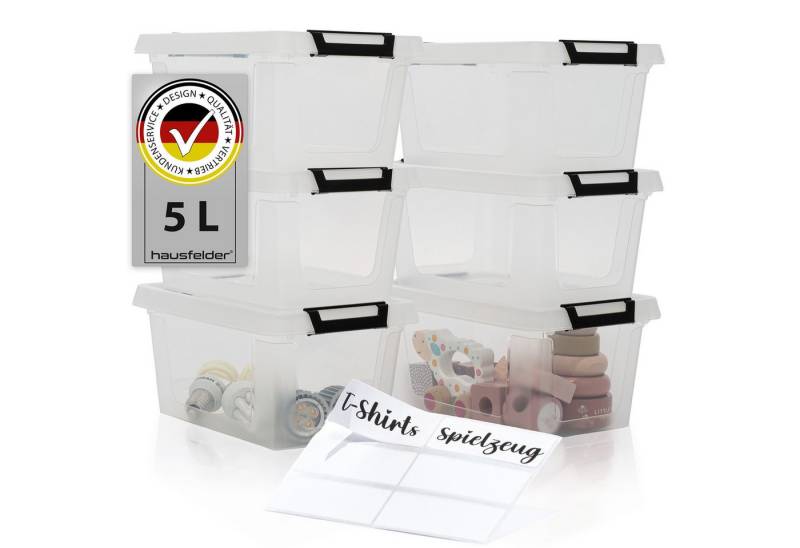 Hausfelder Aufbewahrungsbox Ordnungsboxen mit Deckel und Verschlussclips 5 l, 6 Stück, 6x5L (Set, 6 St., 6 Boxen + 6 Deckel), stapelbar, mit Klickverschluss, in drei Größen erhältlich von Hausfelder