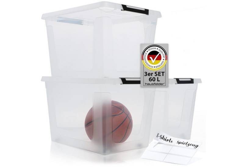 Hausfelder Aufbewahrungsbox Ordnungsboxen mit Deckel und Verschlussclips,60 l, 3 Stück (Set, 3 St., 3 Boxen + 3 Deckel), stapelbar, mit Klickverschluss, in drei Größen erhältlich von Hausfelder