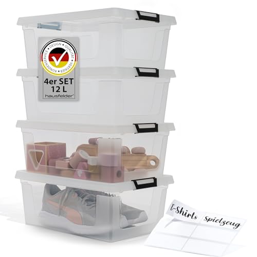 Hausfelder Aufbewahrungsboxen mit Deckel 12 Liter, 4 Stück, Stapelboxen groß, durchsichtige Ordnungsboxen (Transparent, 4 x 12 L) von Hausfelder