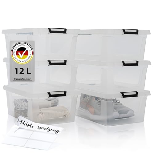 Hausfelder Aufbewahrungsboxen mit Deckel 12 Liter, 6 Stück, Stapelboxen transparent groß (Transparent, 6 x 12 L) von Hausfelder