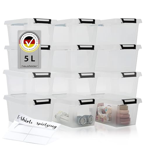 Hausfelder Aufbewahrungsboxen mit Deckel 5 Liter, 12 Stück, Stapelboxen transparent groß (Transparent, 12 x 5 L) von Hausfelder