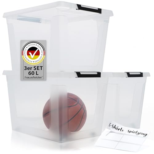 Hausfelder Aufbewahrungsboxen mit Deckel 60 Liter, 3 Stück, Stapelboxen groß, durchsichtige Ordnungsboxen (Transparent, 3 x 60 L) von Hausfelder