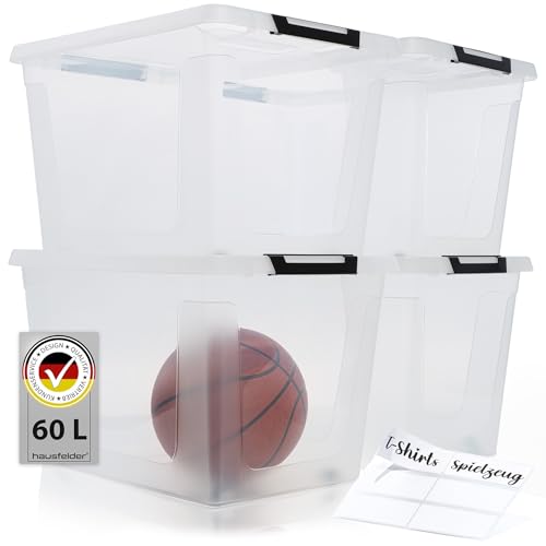 Hausfelder Aufbewahrungsboxen mit Deckel 60 Liter, 4 Stück, Stapelboxen groß, durchsichtige Ordnungsboxen (Transparent, 4 x 60 L) von Hausfelder