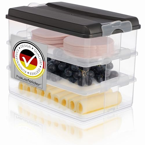 Hausfelder Aufschnittdosen für Kühlschrank, Aufschnittbox stapelbar, Kühlschrank Organizer mit Deckel (Anthrazit, 3x2,3L) von Hausfelder