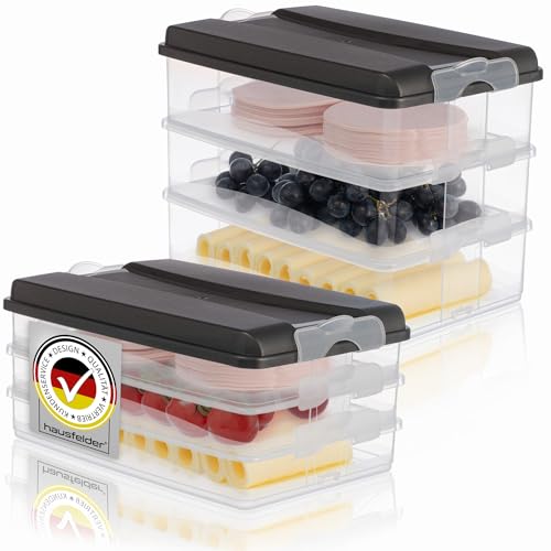 Hausfelder Aufschnittdosen für Kühlschrank, Aufschnittbox stapelbar, Kühlschrank Organizer mit Deckel (Anthrazit, 3x2,3L + 3x1,5L) von Hausfelder