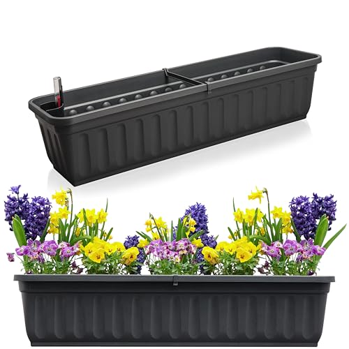 Hausfelder Blumenkasten 2er Set mit Wasserspeicher und Wasserstandsanzeige, Balkonkasten mit Bewässerungssystem für Innen und Außen, Pflanzkasten mit Wassertank (Anthrazit-Schwarz, 80cm - 2er Set) von Hausfelder
